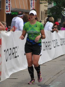 Lori crushing the marathon portion of IM Wisconsin!